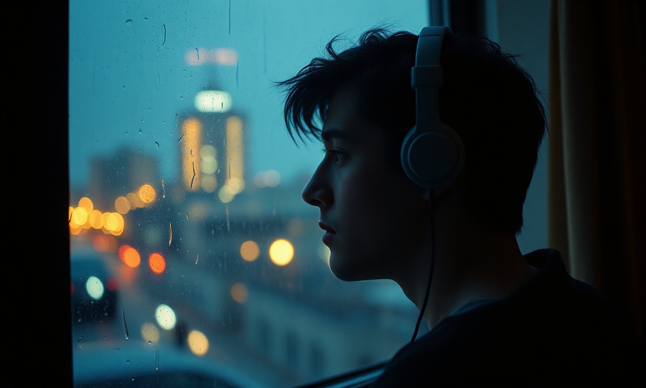 A person listening to music through headphones while looking out a rain-streaked window