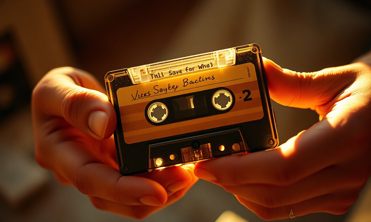 Hands holding a vintage cassette tape with handwritten label against golden hour light