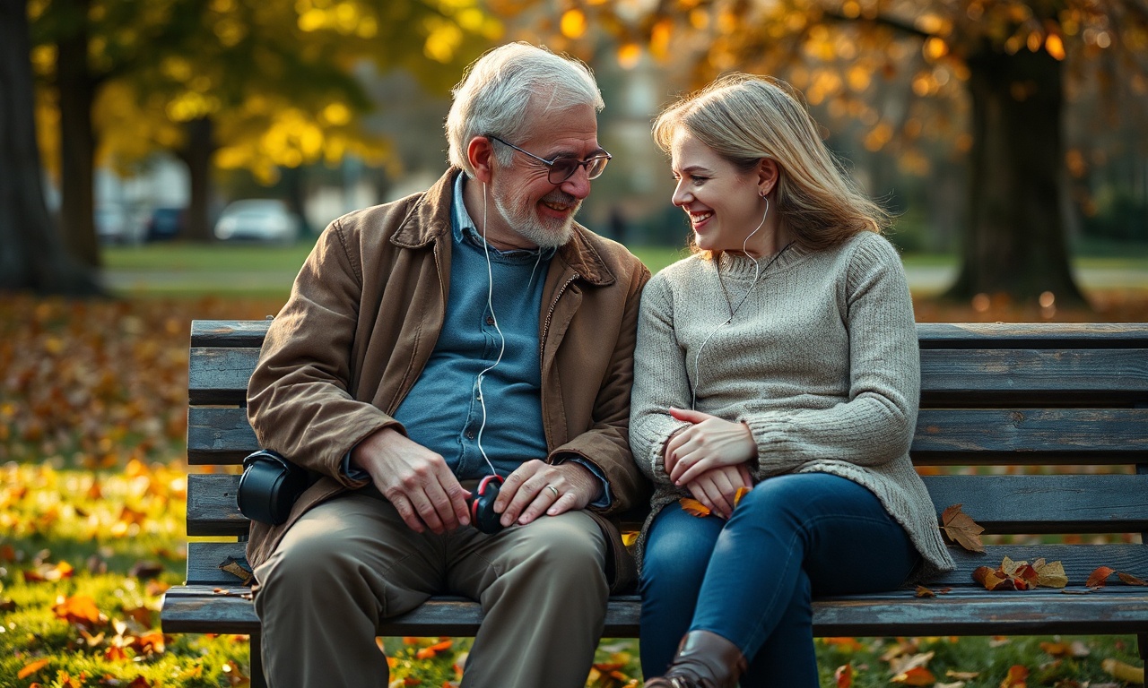 An elderly person and young adult sharing headphones while sitting on a park bench in autumn