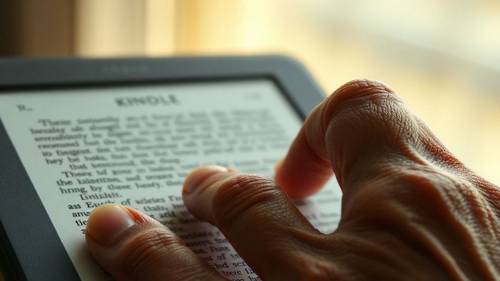 Close-up of a woman's finger highlighting text on a Kindle e-reader