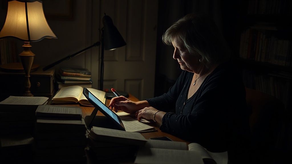 A woman sitting at a desk late at night with a tablet and scattered handwritten notes