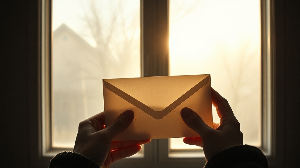 Hands holding a sealed envelope against a window with soft morning light