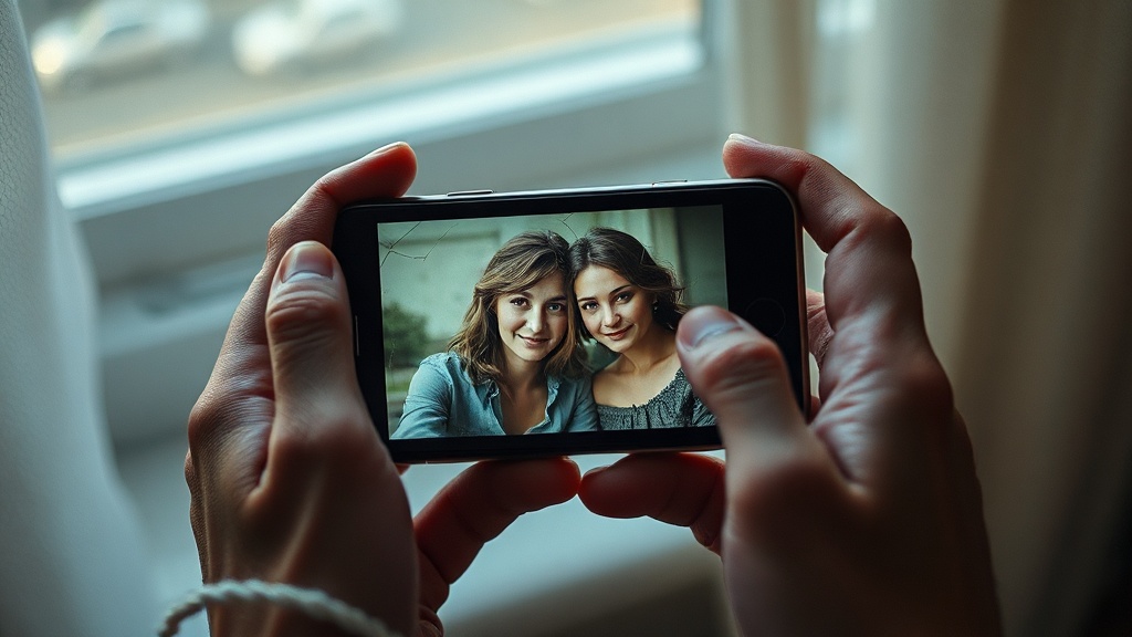 Two hands holding an old smartphone displaying a faded photo of a couple