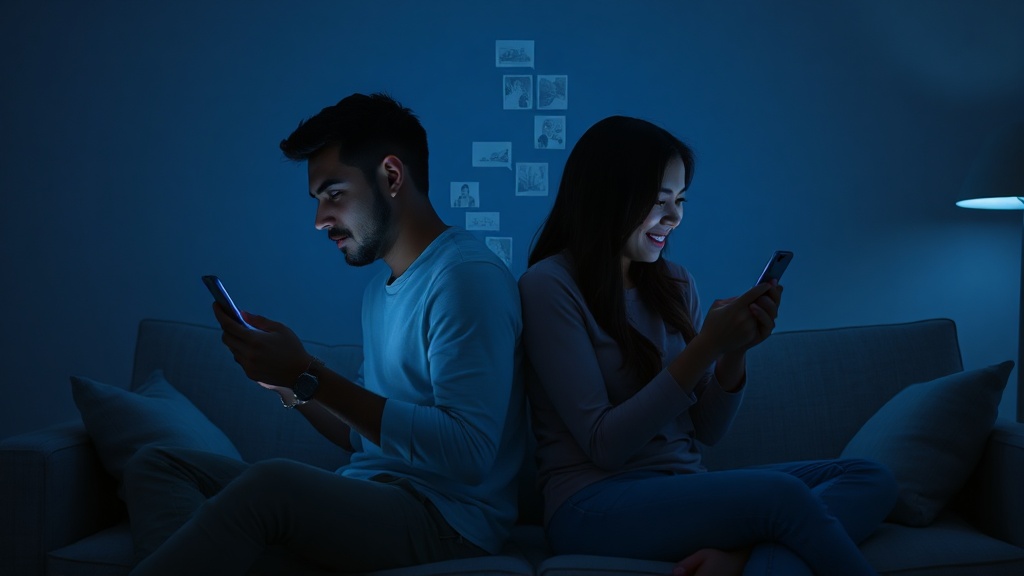 A couple sitting back-to-back in a modern living room, each looking at their own phone, with a ghostly projection of their shared photos floating between them