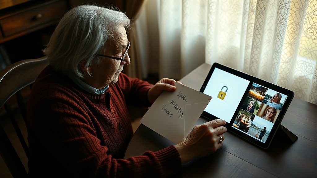 An elderly person opening a handwritten letter beside a tablet displaying a locked digital archive