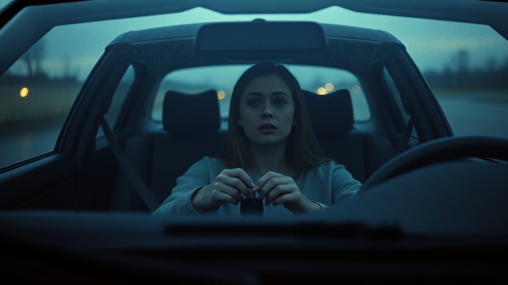 A woman sitting alone in a parked car holding unused car keys