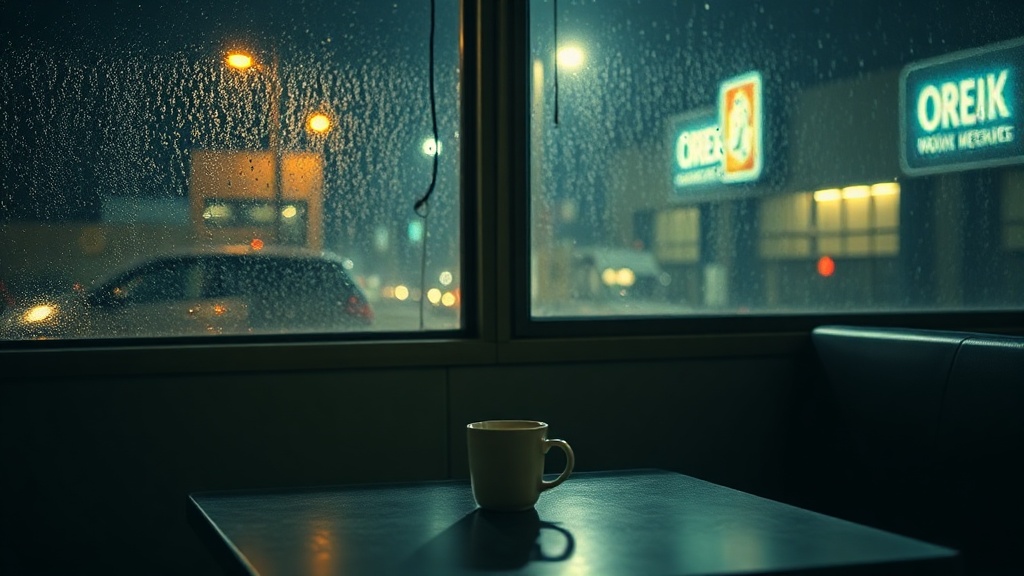 An empty restaurant booth by rain-covered windows at night