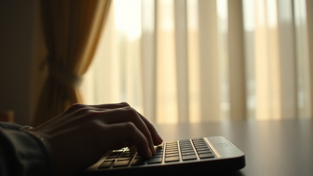Hands hovering over smartphone keyboard then pulling away in soft morning light