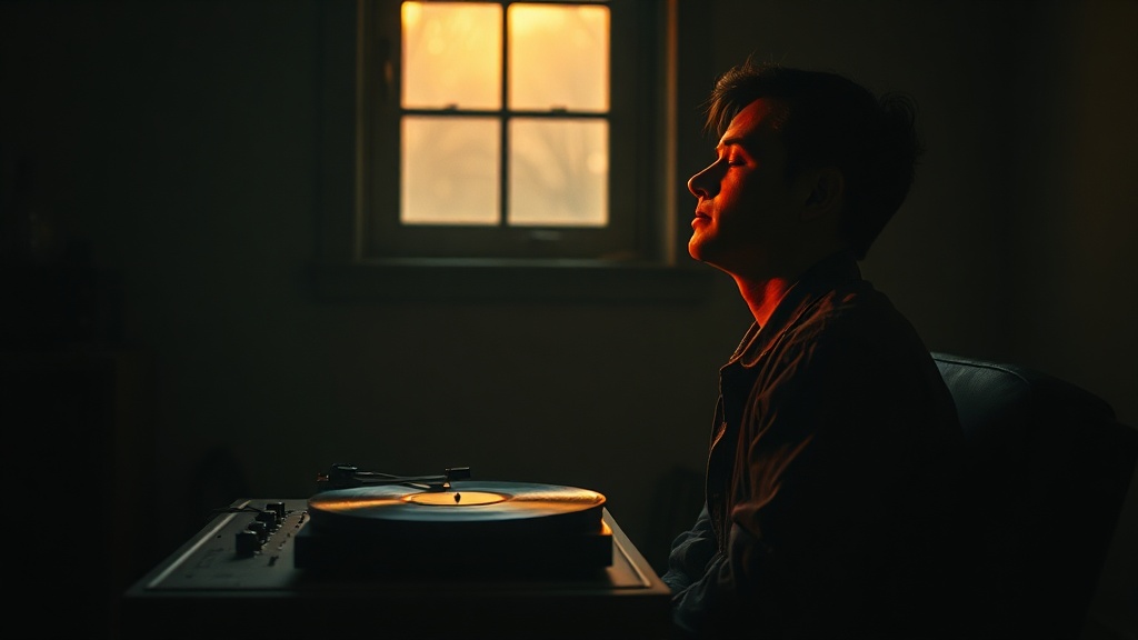 Person listening to vinyl record in dimly lit room