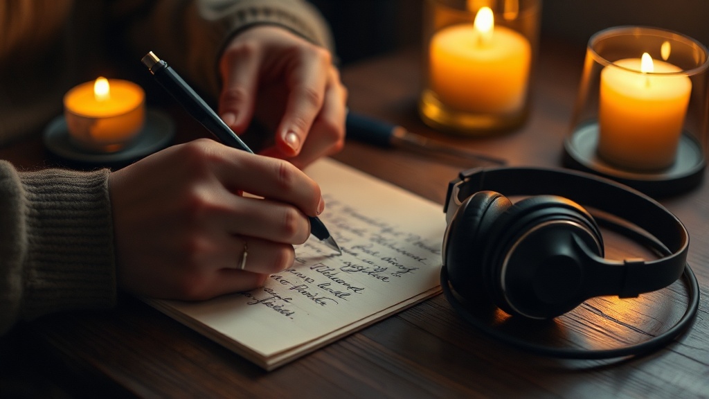 Hands writing letter by candlelight with headphones nearby