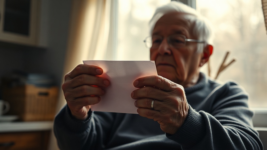 Elderly person opening envelope with soft morning light