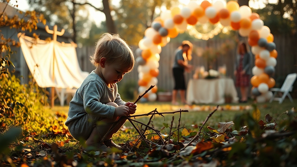 A child quietly playing with sticks in an overgrown garden while adults set up a birthday party in the background