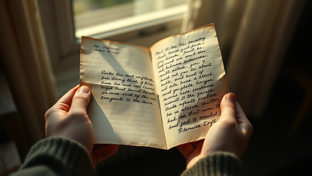 Hands holding an opened handwritten letter with soft natural light, showing aged paper and personal handwriting