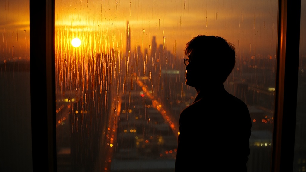 A person staring out a high-rise office window at dusk