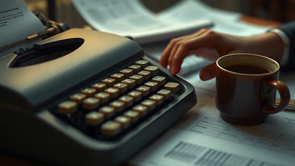 Hands typing on a vintage typewriter with financial documents nearby