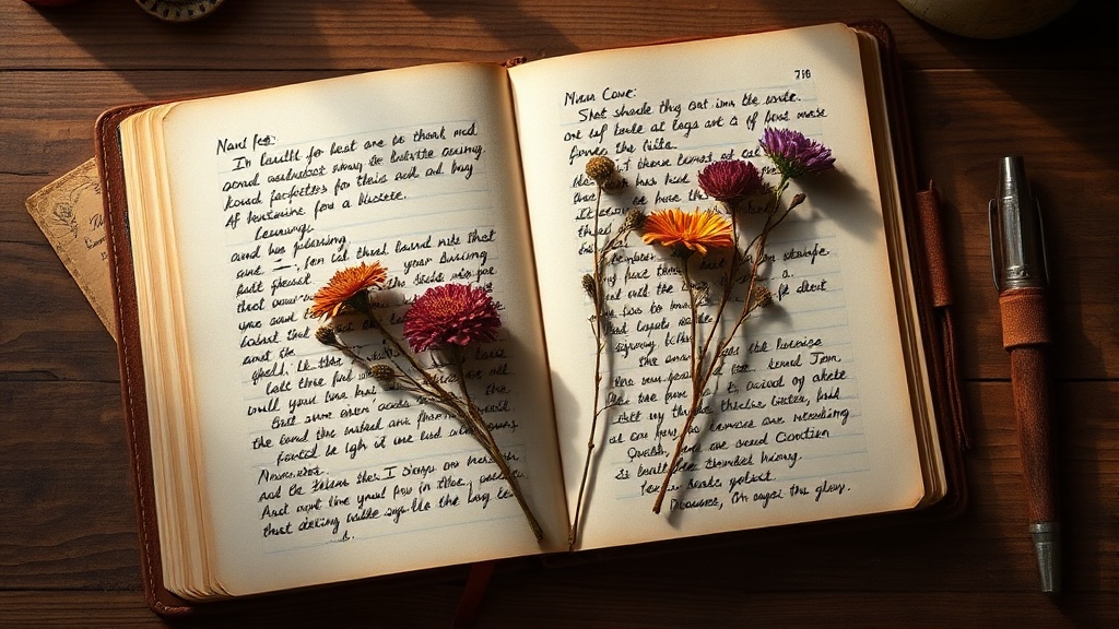 An open notebook on a wooden desk with handwritten letter and dried flowers