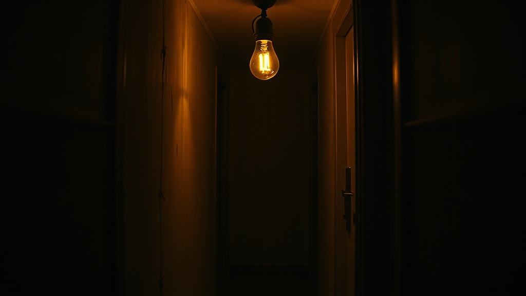 A dimly lit hallway with a single flickering lightbulb casting long shadows