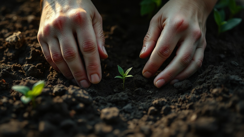Hands planting seeds in dark turned soil with morning light