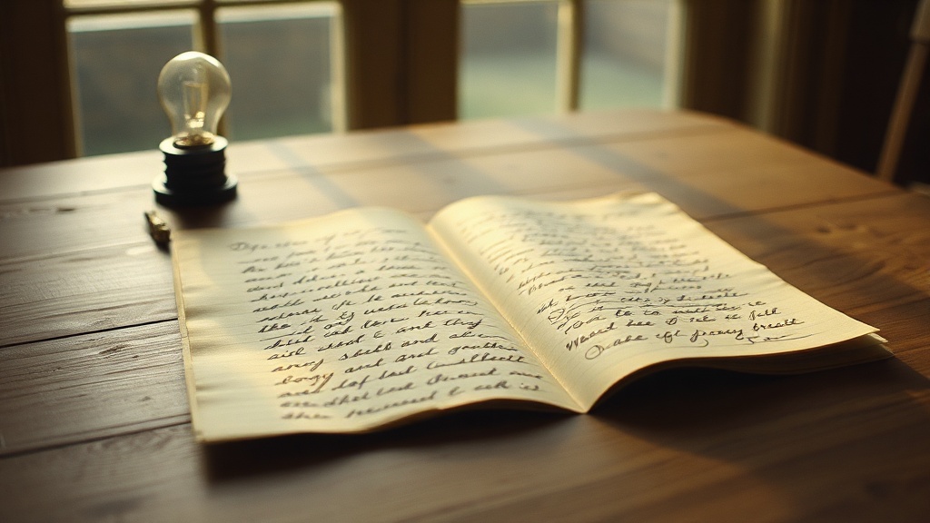 An open handwritten letter on wooden table with soft window light