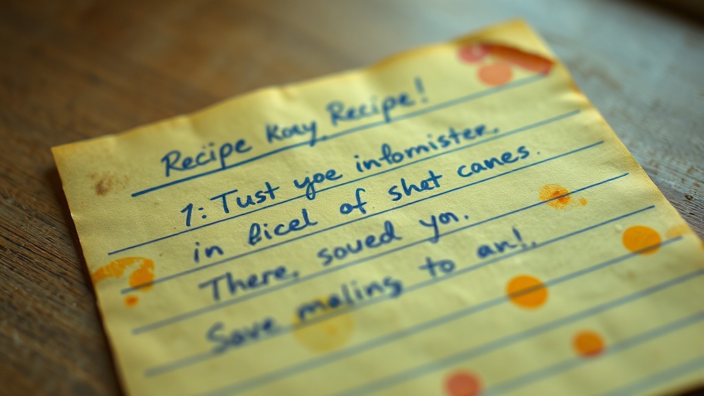 A handwritten recipe card with faded ink and food stains