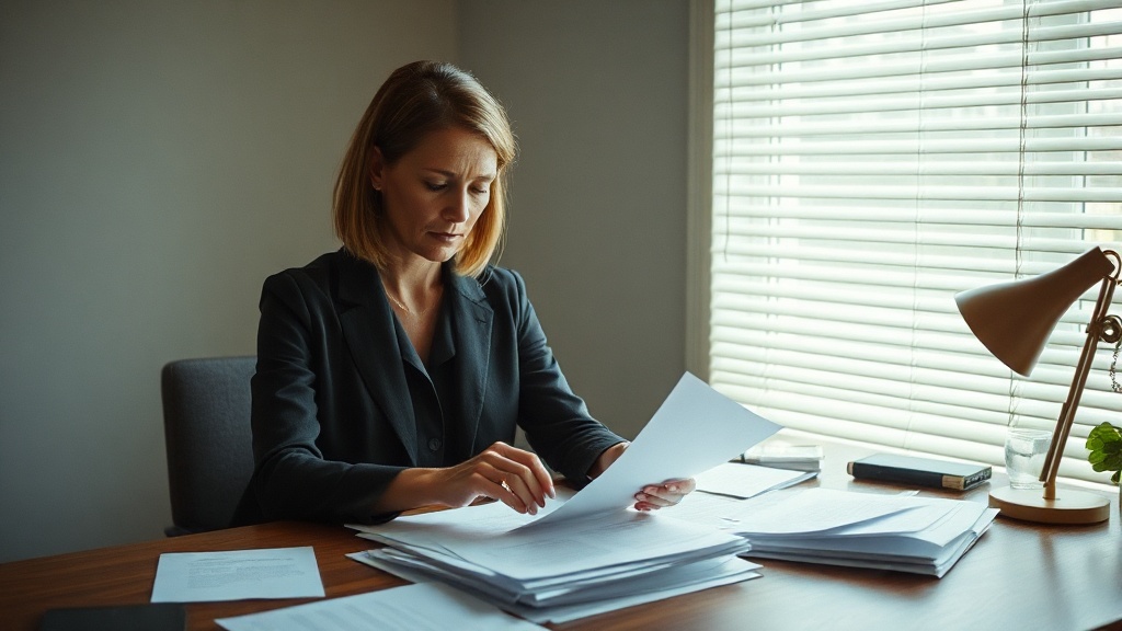 A woman organizing documents at a wooden desk with soft morning light