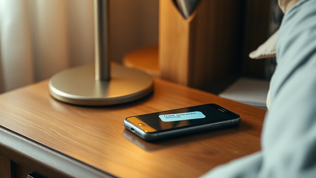 A smartphone displaying a scheduled message notification on a bedside table