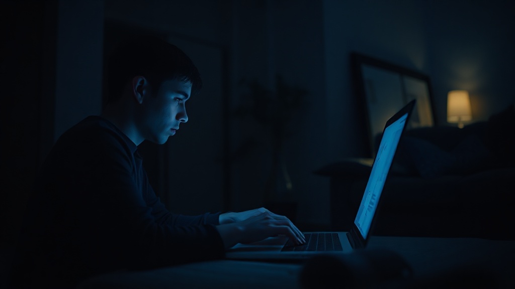 A person typing on a laptop in a dimly lit room with a glowing screen