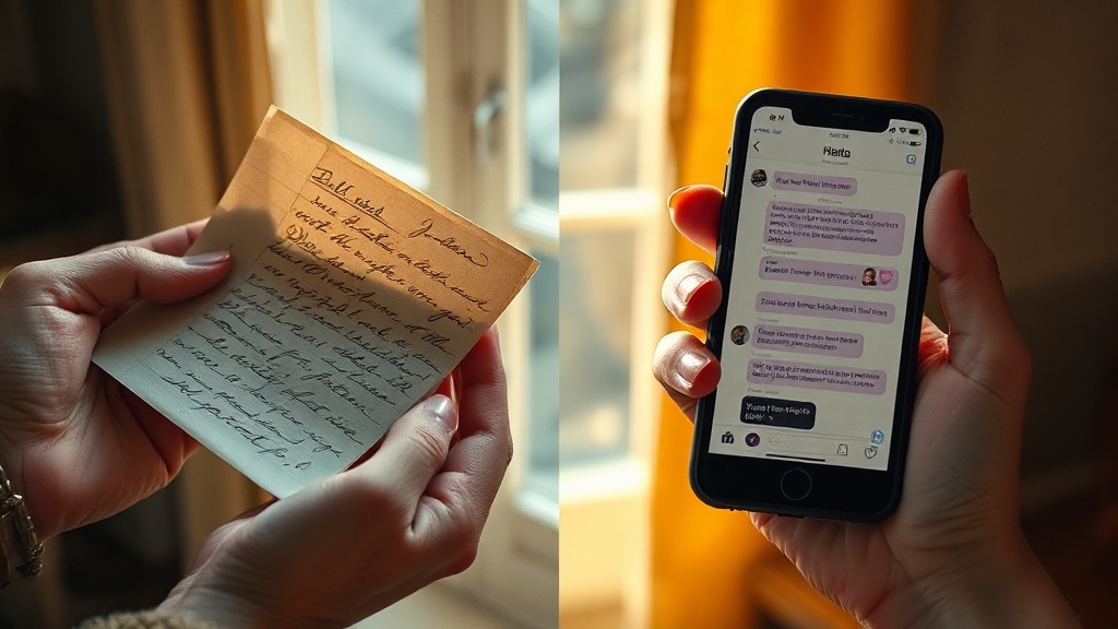 Hands holding vintage letters with faded handwriting next to a modern smartphone
