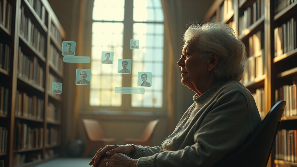 An elderly person looking at a holographic display of younger faces in a quiet library