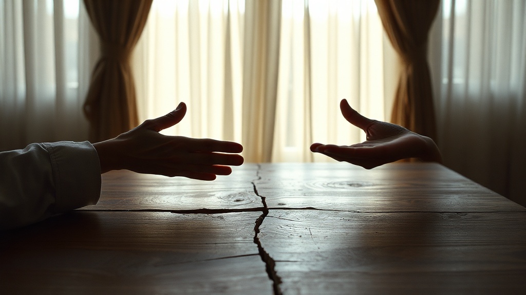 Two hands reaching toward each other across a cracked wooden table in morning light
