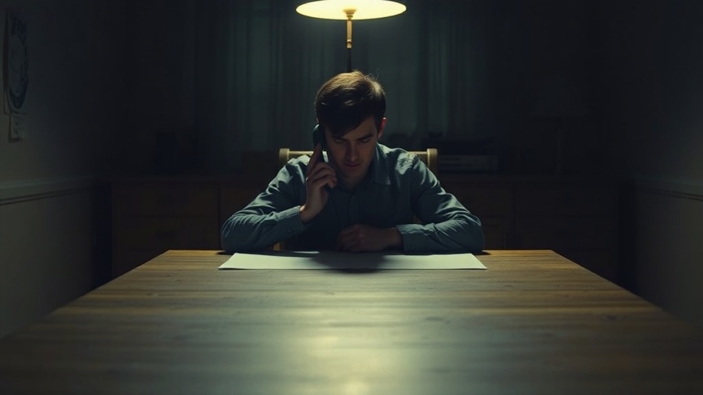 A person sitting alone at a desk at night, phone in hand, soft lamplight illuminating their thoughtful expression