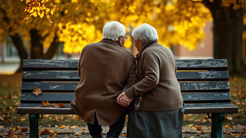 An elderly couple sitting close together on a park bench, hands intertwined, autumn leaves falling around them