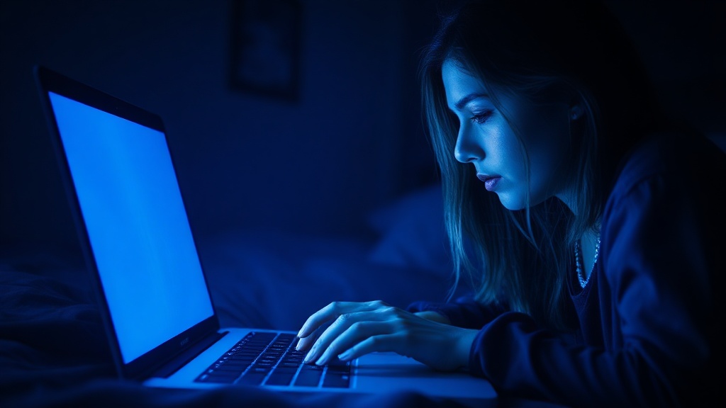 Person typing on laptop in dark room with screen glow on face