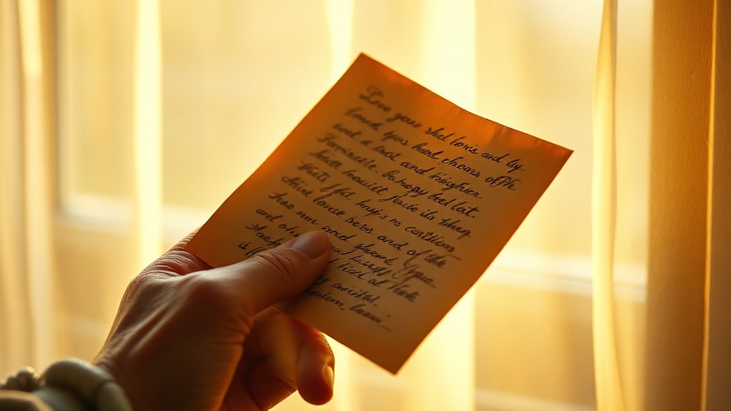 Elderly hands holding faded handwritten letter with sunlight