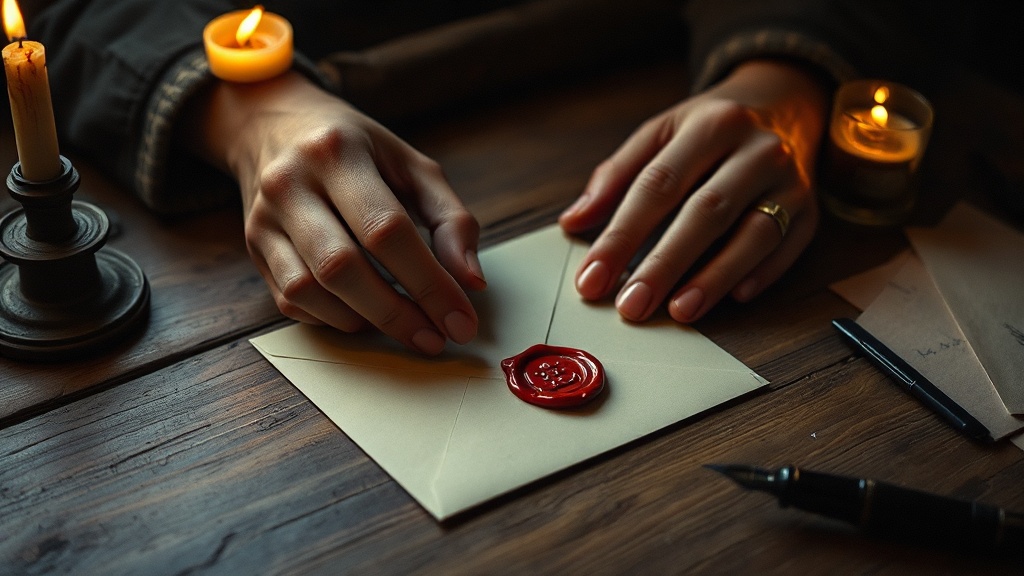 Person sealing envelope with wax stamp at wooden desk