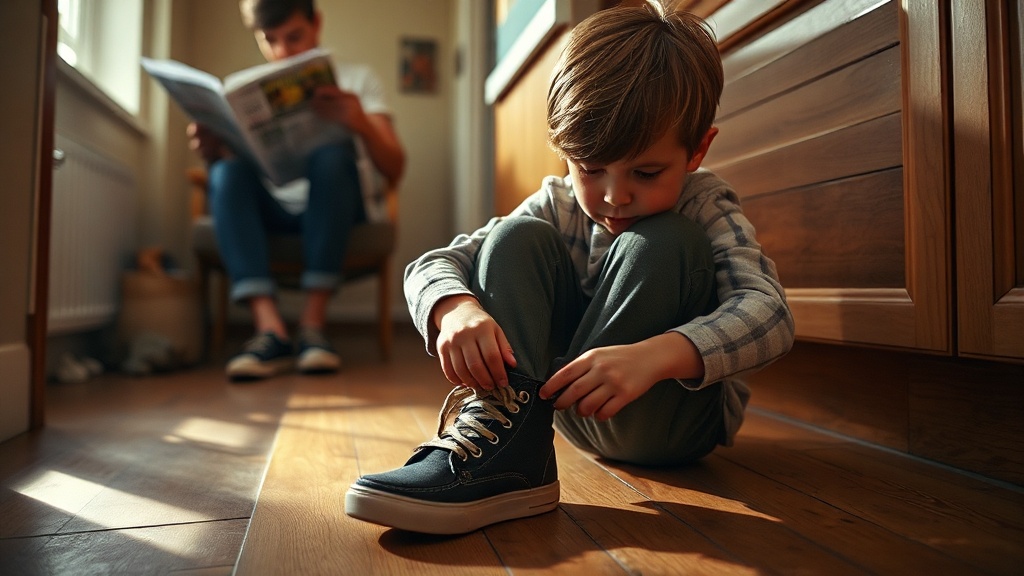 A child struggling to tie shoelaces while parent watches patiently nearby