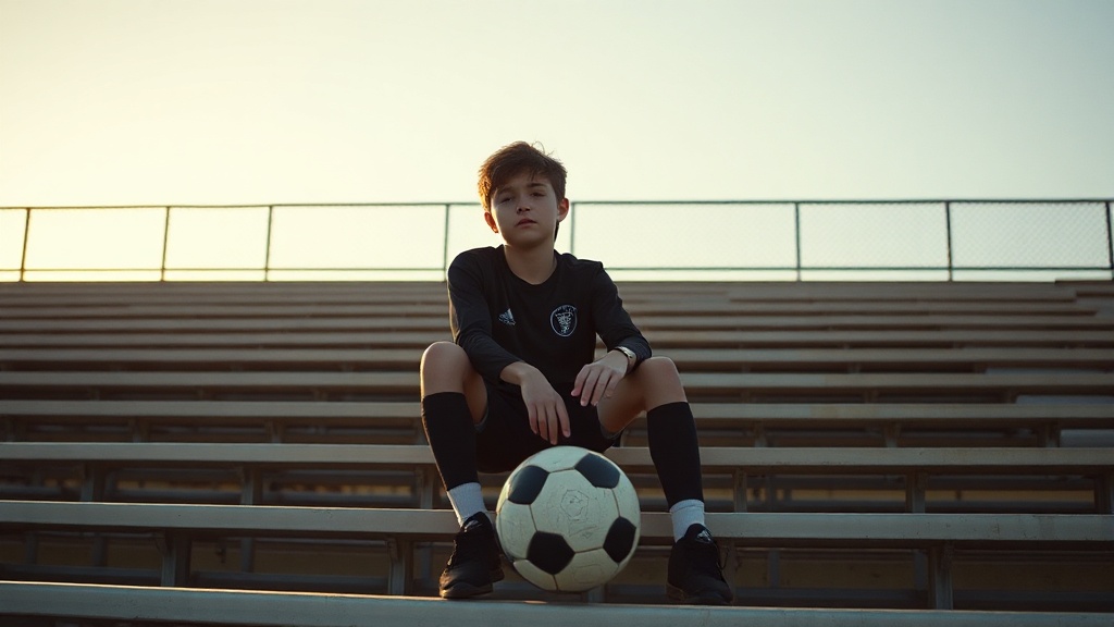 A young teenager sitting alone on empty bleachers after sports tryouts