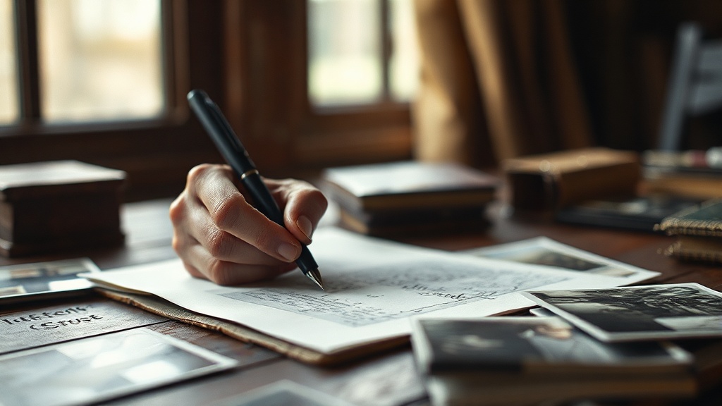 Hands of an older person writing a letter by window light with photographs nearby