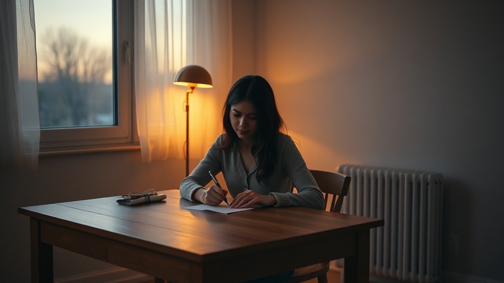 A person sitting alone in a warmly lit room, handwriting a letter by window light