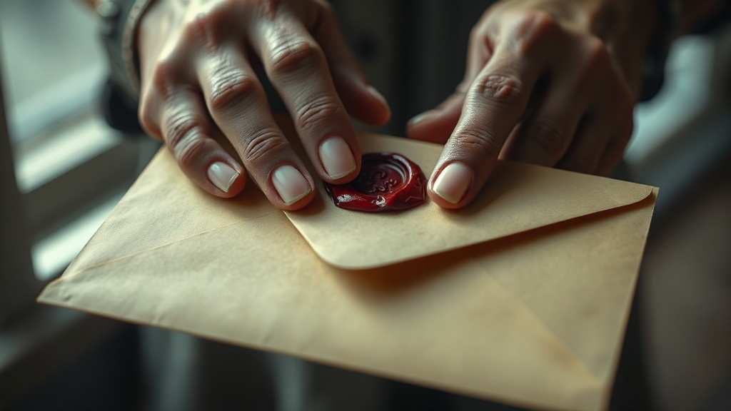 Close-up of hands sealing an envelope with wax, soft natural light