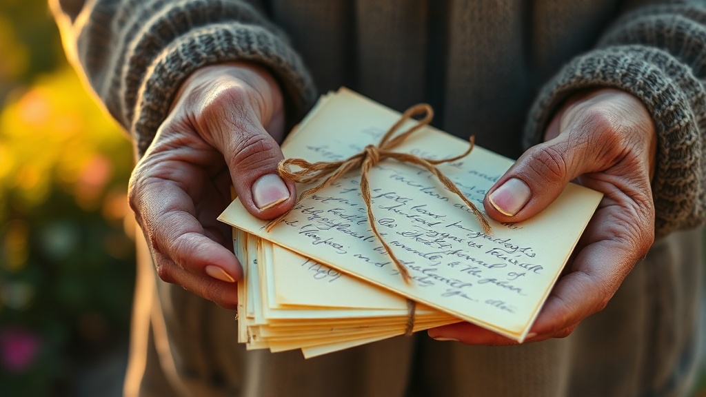 Two elderly hands holding yellowed handwritten letters, soft focus background