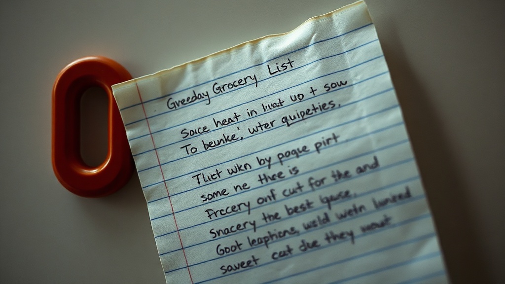 A handwritten grocery list held by a refrigerator magnet, soft morning light