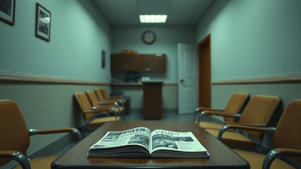 An empty dentist waiting room with outdated magazines on a table