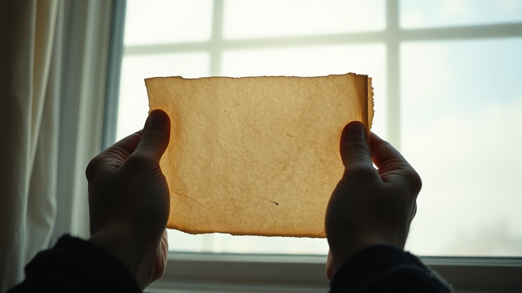 Hands holding a worn piece of paper against a window with soft light