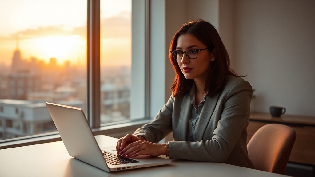 A professional woman pausing at her desk near sunset, hands resting on closed laptop