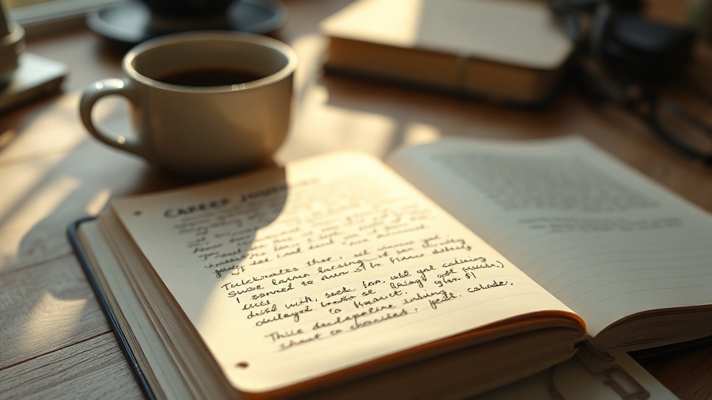 Close-up of handwritten notes and coffee cup on a desk with morning light