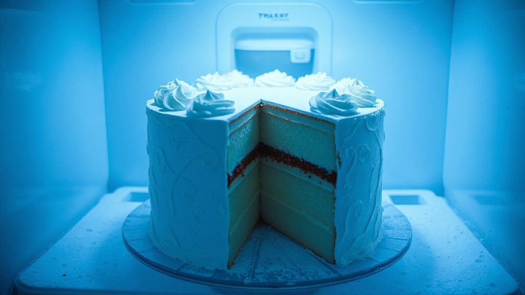 A partially sliced frozen wedding cake in a freezer with frost accumulation