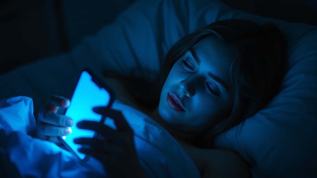 A person staring at their phone screen in a dark bedroom with blue light illuminating their face
