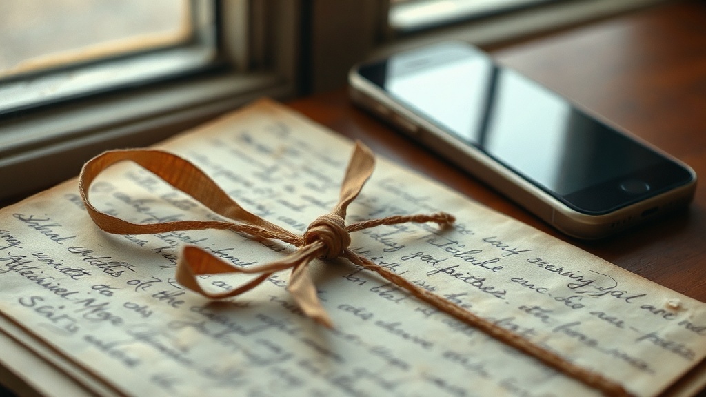 Close-up of old handwritten love letters tied with faded silk ribbon next to a modern smartphone