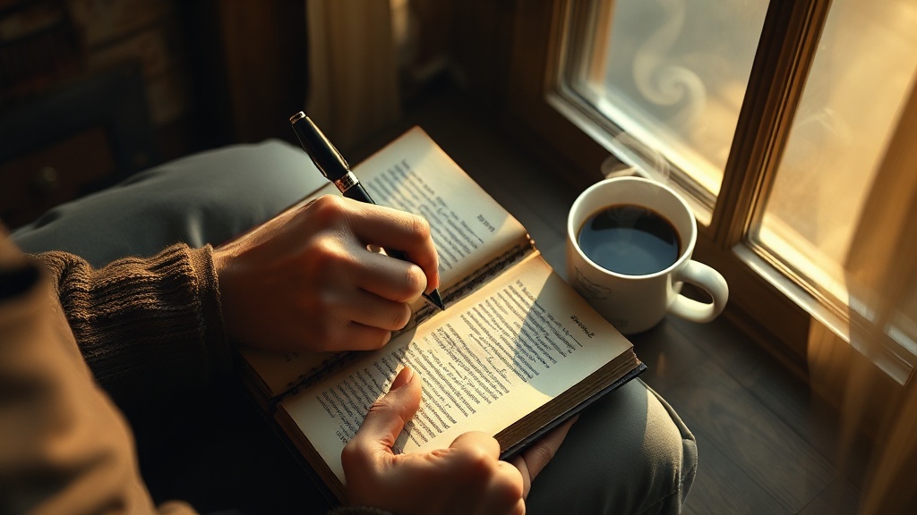 A person's hands writing in a leather-bound journal with soft morning light through a window